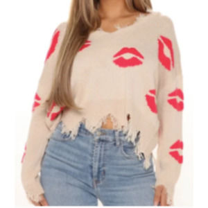 JUST POLLY distressed lips kiss knitted cropped pullover sweater 2X